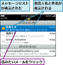 メッセージリストが表示された  ,差出人名と件名が表示される  ,読みたいメールをクリック