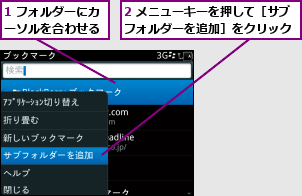 1 フォルダーにカーソルを合わせる,2 メニューキーを押して［サブフォルダーを追加］をクリック