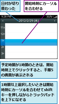1時間以上選択したいときは開始時刻にカーソルを合わせてshiftキーを押しながらトラックパッドを上下になぞる,予定時間が1時間のときは、開始時刻上でクリックすると、手順5の画面が表示される,日付が切り替わった,開始時刻にカーソルを合わせる    