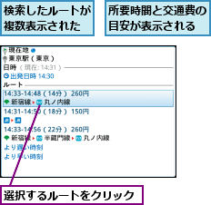所要時間と交通費の目安が表示される,検索したルートが複数表示された,選択するルートをクリック