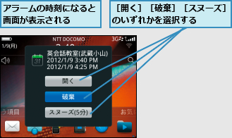 アラームの時刻になると画面が表示される  ,［開く］［破棄］［スヌーズ］のいずれかを選択する    