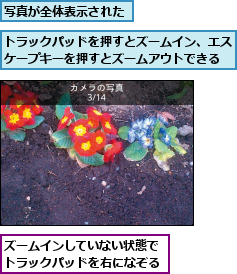 ズームインしていない状態でトラックパッドを右になぞる,トラックパッドを押すとズームイン、エスケープキーを押すとズームアウトできる,写真が全体表示された