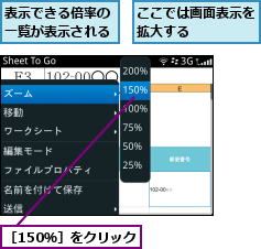 ここでは画面表示を拡大する    ,表示できる倍率の一覧が表示される,［150％］をクリック