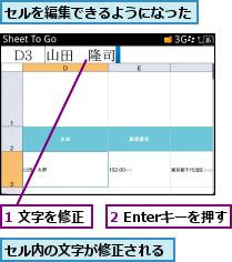 1 文字を修正,2 Enterキーを押す,セルを編集できるようになった,セル内の文字が修正される