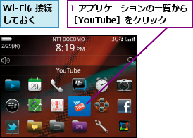 1 アプリケーションの一覧から［YouTube］をクリック,Wi-Fiに接続しておく