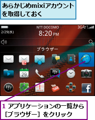 1 アプリケーションの一覧から［ブラウザー］をクリック  ,あらかじめmixiアカウントを取得しておく  