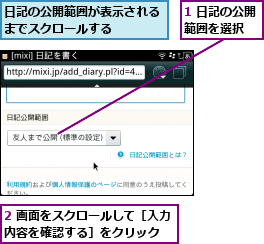 1 日記の公開範囲を選択  ,2 画面をスクロールして［入力内容を確認する］をクリック    ,日記の公開範囲が表示されるまでスクロールする    