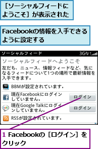 1 Facebookの［ログイン］をクリック      ,Facebookの情報を入手できるように設定する  ,［ソーシャルフィードにようこそ］が表示された