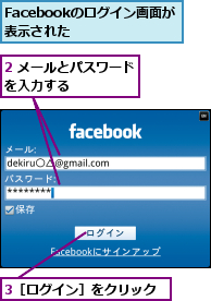 2 メールとパスワードを入力する      ,3［ログイン］をクリック,Facebookのログイン画面が表示された  