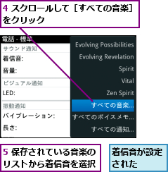 4 スクロールして［すべての音楽］をクリック             ,5 保存されている音楽のリストから着信音を選択,着信音が設定された  