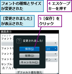 4 エスケープキーを押す  ,5［保存］をクリック　,フォントの種類とサイズが変更された    ,［変更されました］が表示された　　