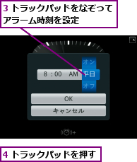 3 トラックパッドをなぞってアラーム時刻を設定    ,4 トラックパッドを押す