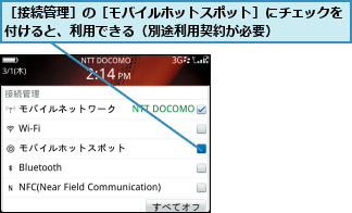 ［接続管理］の［モバイルホットスポット］にチェックを付けると、利用できる（別途利用契約が必要）    