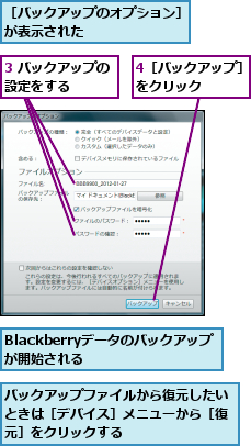 3 バックアップの設定をする　　　　,4［バックアップ］をクリック　　　,Blackberryデータのバックアップが開始される　　　,バックアップファイルから復元したいときは［デバイス］メニューから［復元］をクリックする        ,［バックアップのオプション］が表示された　　　　　　　