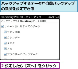 2 設定したら［次へ］をクリック,バックアップするデータや自動バックアップの頻度を設定できる  　　　　　　  