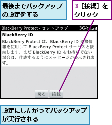 3［接続］をクリック　,最後までバックアップの設定をする　　　,設定にしたがってバックアップが実行される　　　　　　　　