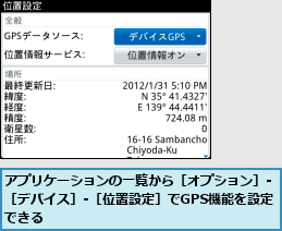 アプリケーションの一覧から［オプション］-［デバイス］-［位置設定］でGPS機能を設定できる