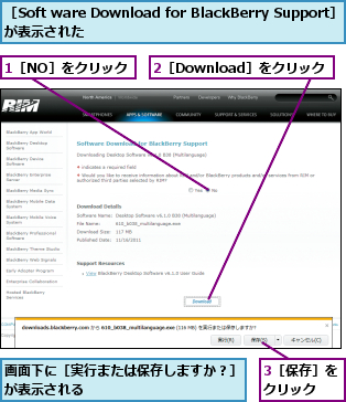 1［NO］をクリック,2［Download］をクリック,3［保存］をクリック  ,画面下に［実行または保存しますか？］が表示される　　　　　　　　　　　　　　　　　　　　　,［Soft ware Download for BlackBerry Support］が表示された            