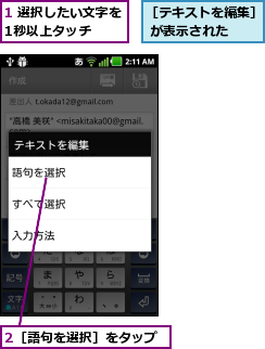 1 選択したい文字を1秒以上タッチ  ,2［語句を選択］をタップ,［テキストを編集］ が表示された  