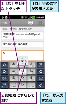 1［な］を1秒以上タッチ,2 指を右にずらして離す        ,「な」行の文字が表示された,「ね」が入力される  