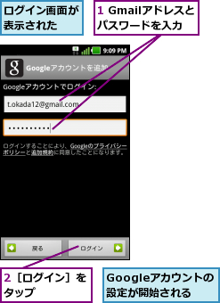 1 Gmailアドレスとパスワードを入力,2［ログイン］をタップ    ,Googleアカウントの設定が開始される,ログイン画面が表示された  