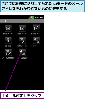 ここでは新規に割り当てられたspモードのメールアドレスをわかりやすいものに変更する  ,［メール設定］をタップ