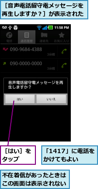 「1417」に電話をかけてもよい  ,不在着信があったときはこの画面は表示されない,［はい］をタップ  ,［音声電話留守電メッセージを再生しますか？］が表示された