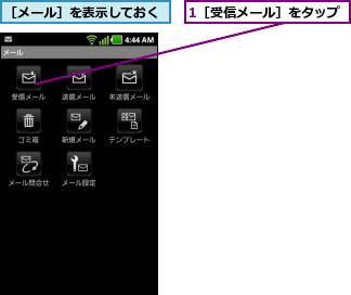 1［受信メール］をタップ,［メール］を表示しておく