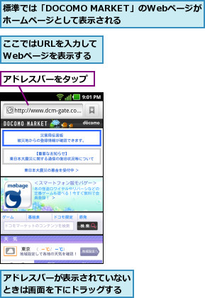 ここではURLを入力してWebページを表示する,アドレスバーが表示されていないときは画面を下にドラッグする,アドレスバーをタップ,標準では「DOCOMO MARKET」のWebページがホームページとして表示される  