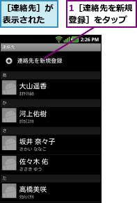 1［連絡先を新規登録］をタップ,［連絡先］が表示された