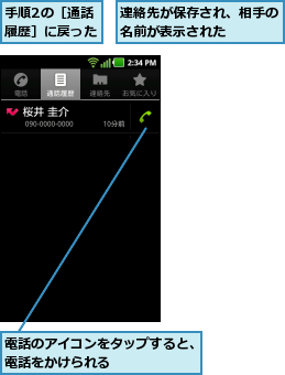 手順2の［通話履歴］に戻った,連絡先が保存され、相手の名前が表示された    ,電話のアイコンをタップすると、電話をかけられる      