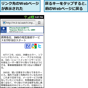 リンク先のWebページが表示された  ,戻るキーをタップすると、前のWebページに戻る