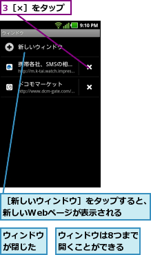 3［×］をタップ,ウィンドウが閉じた,ウィンドウは8つまで開くことができる  ,［新しいウィンドウ］をタップすると、新しいWebページが表示される