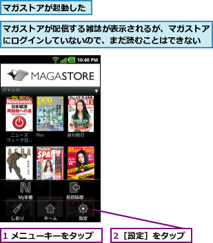 1 メニューキーをタップ,2［設定］をタップ,マガストアが起動した,マガストアが配信する雑誌が表示されるが、マガストアにログインしていないので、まだ読むことはできない