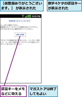 マガストアは終了してもよい  ,数字4ケタの認証キーが表示された    ,認証キーをメモなどに控える,［仮登録ありがとうございます。］ が表示された