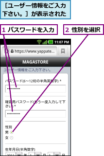 1 パスワードを入力,2 性別を選択,［ユーザー情報をご入力下さい。］が表示された