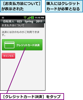 購入にはクレジットカードが必要となる,［お支払方法について］が表示された    ,［クレジットカード決済］をタップ