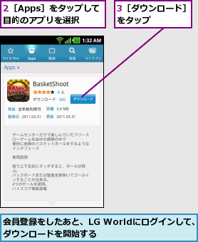2［Apps］をタップして目的のアプリを選択,3［ダウンロード］をタップ    ,会員登録をしたあと、LG Worldにログインして、ダウンロードを開始する        