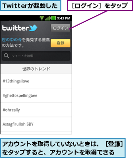Twitterが起動した,アカウントを取得していないときは、［登録］をタップすると、アカウントを取得できる  ,［ログイン］をタップ