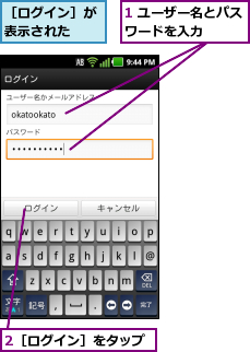 1 ユーザー名とパスワードを入力    ,2［ログイン］をタップ,［ログイン］が表示された  