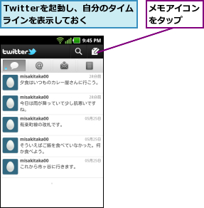 Twitterを起動し、自分のタイムラインを表示しておく  ,メモアイコンをタップ  