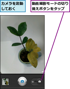 カメラを起動しておく  ,動画撮影モードの切り替えボタンをタップ