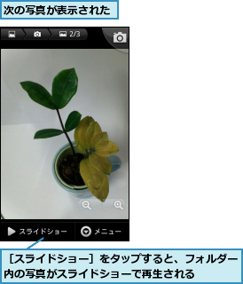 次の写真が表示された,［スライドショー］をタップすると、フォルダー内の写真がスライドショーで再生される    