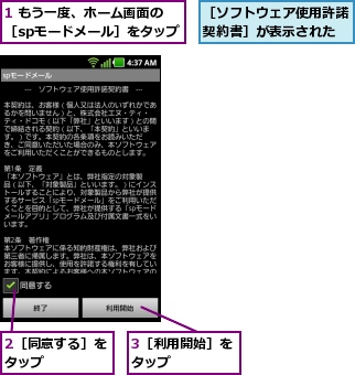 1 もう一度、ホーム画面の　　　［spモードメール］をタップ  ,2［同意する］をタップ    ,3［利用開始］をタップ    ,［ソフトウェア使用許諾契約書］が表示された