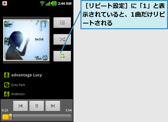 ［リピート設定］に「1」と表示されていると、1曲だけリピートされる