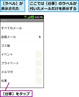ここでは［仕事］のラベルが付いたメールだけを表示する,［ラベル］が表示された,［仕事］をタップ