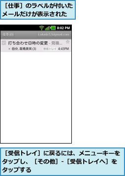 ［仕事］のラベルが付いたメールだけが表示された,［受信トレイ］に戻るには、メニューキーをタップし、［その他］-［受信トレイへ］をタップする    