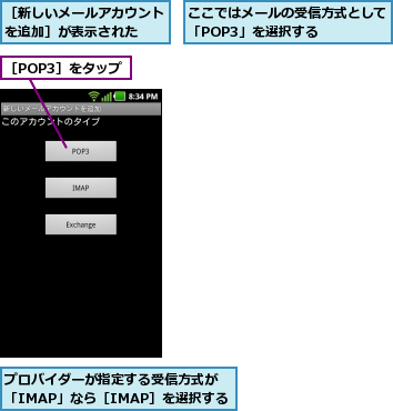 ここではメールの受信方式として「POP3」を選択する    ,プロバイダーが指定する受信方式が「IMAP」なら［IMAP］を選択する,［POP3］をタップ,［新しいメールアカウントを追加］が表示された  