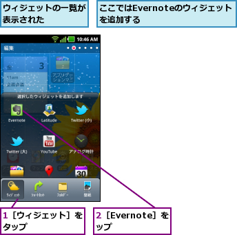 1［ウィジェット］をタップ      ,2［Evernote］をタップ  ,ここではEvernoteのウィジェットを追加する      ,ウィジェットの一覧が表示された    