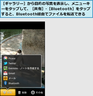 ［ギャラリー］から目的の写真を表示し、メニューキーをタップして、［共有］‐［Bluetooth］をタップすると、Bluetooth経由でファイルを転送できる